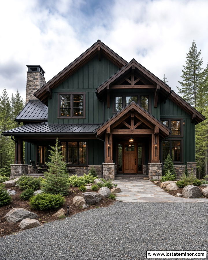 Forest Green Cabin With Brown Window Frames - 30 Forest Green House Design With Window Frames Ideas