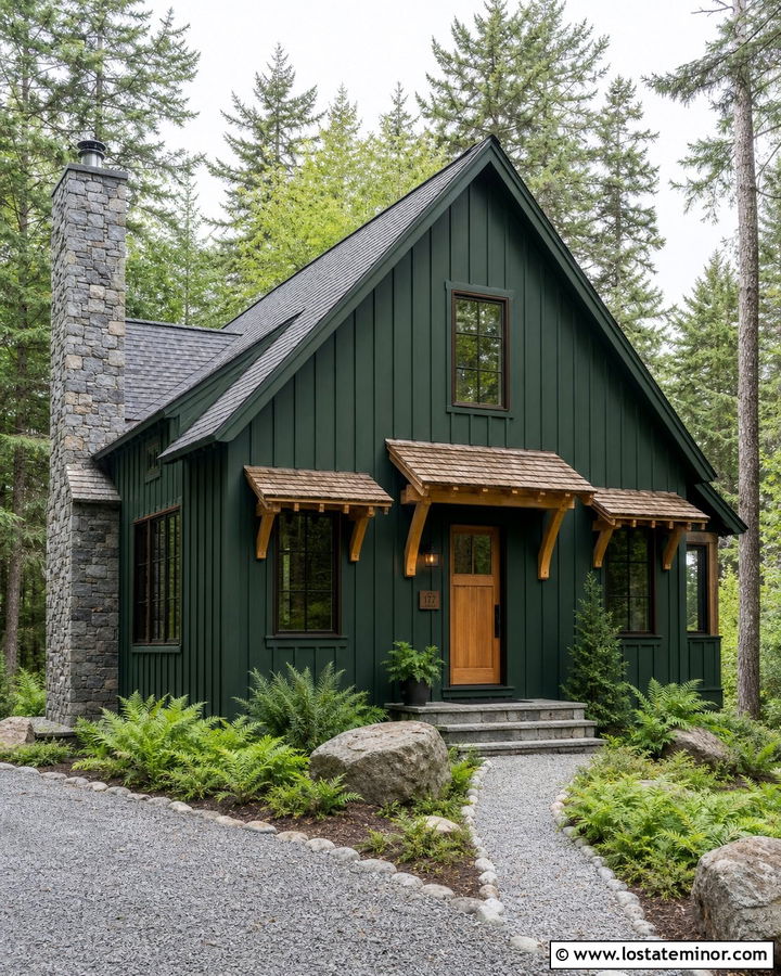 Forest Green Cabin With Cedar Awnings - 30 Forest Green House Design With Awning Ideas