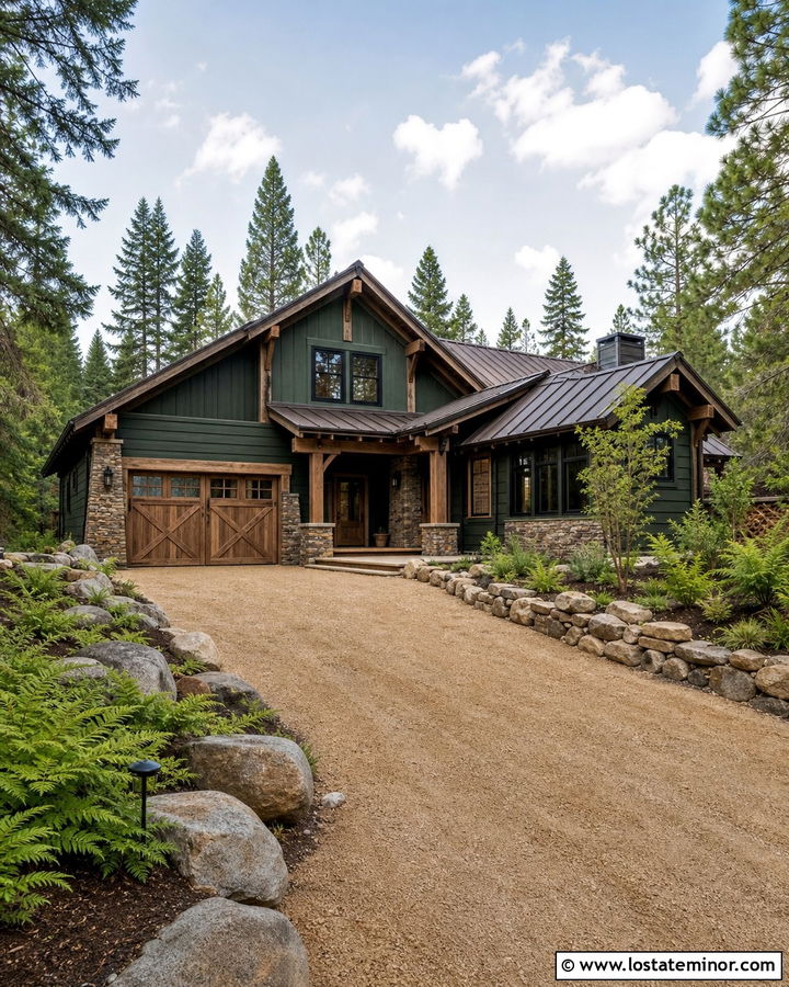Forest Green Cabin With Decomposed Granite Driveway - 30 Forest Green House Design With Driveway Ideas