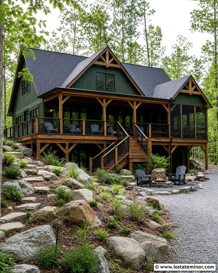 Forest Green Cabin With Elevated Backyard Deck - 30 Forest Green House Design With Backyard Ideas