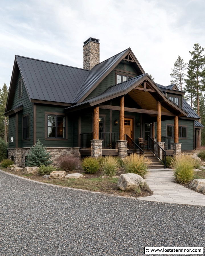 Forest Green Cabin With Log Porch Columns - 30 Forest Green House Design With Porch Columns Ideas