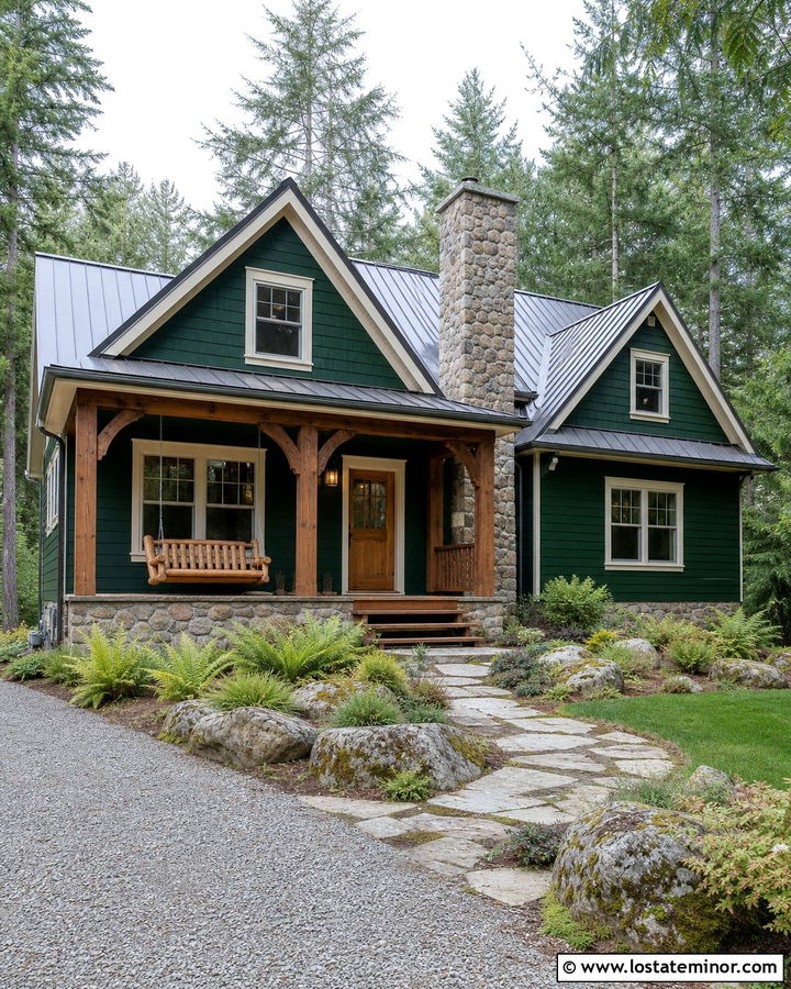Forest Green Cabin With Log Porch Swing - 30 Forest Green House Design With Swing Ideas