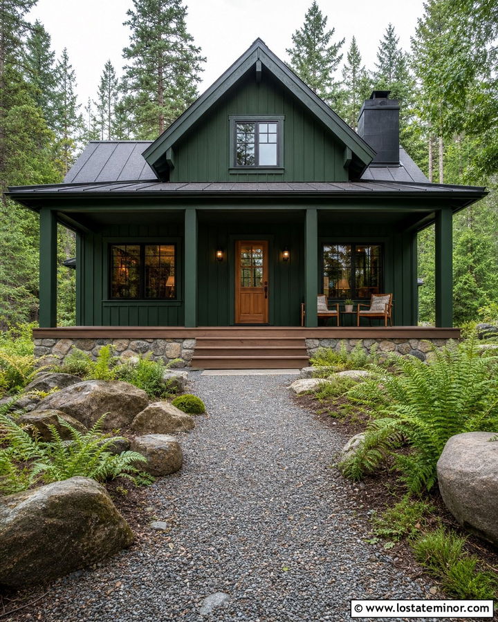 Forest Green Cabin With Matching Green Porch Ceiling - 30 Forest Green House Design With Porch Ceiling Ideas