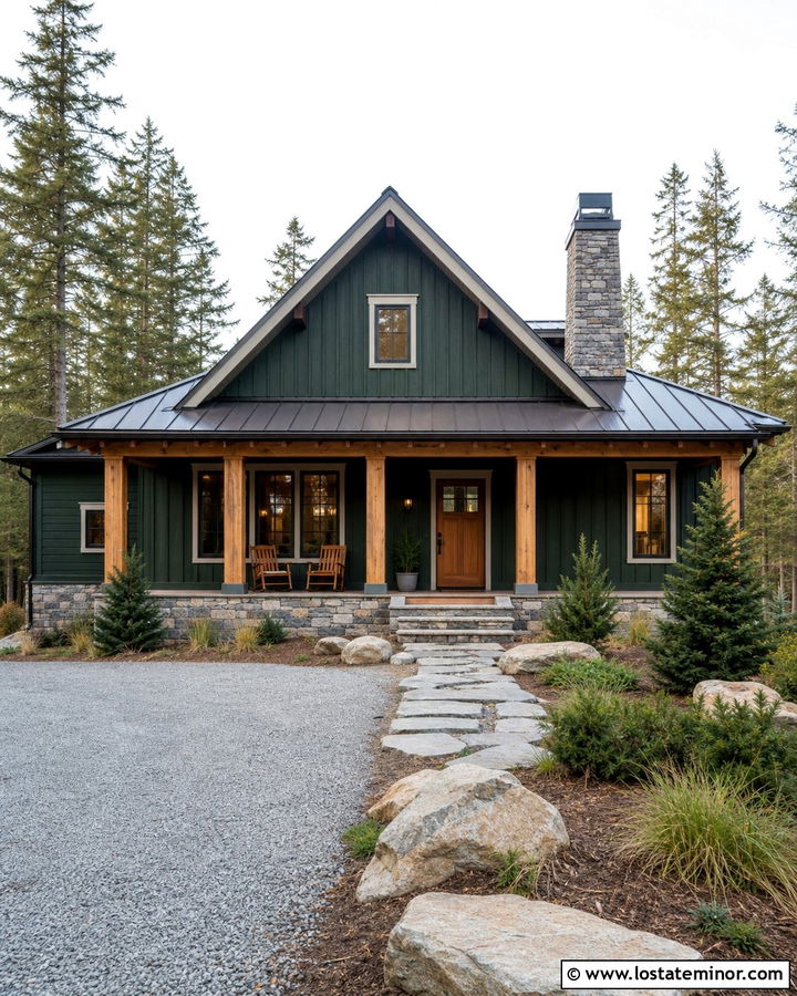 Forest Green Cabin With Metal Porch Roof - 30 Forest Green House Design With Front Porch Ideas