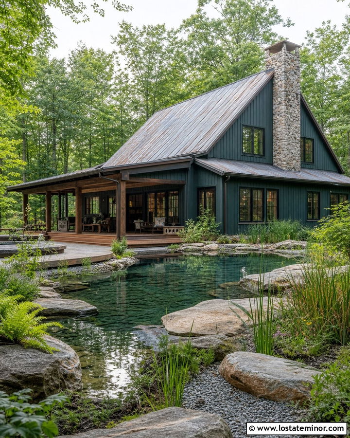Forest Green Cabin With Natural Swimming Pool - 30 Forest Green House Design With Swimming Pool Ideas