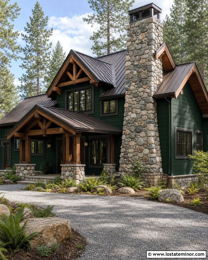 Forest Green Cabin With River Rock Chimney - 30 Forest Green House Design With Chimney Ideas