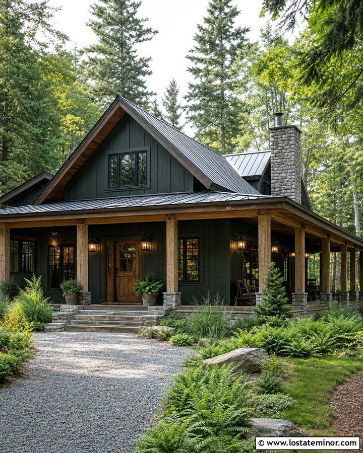 Forest Green Cabin With Rustic Cage Lights - 30 Forest Green House Design With Light Fixtures Ideas
