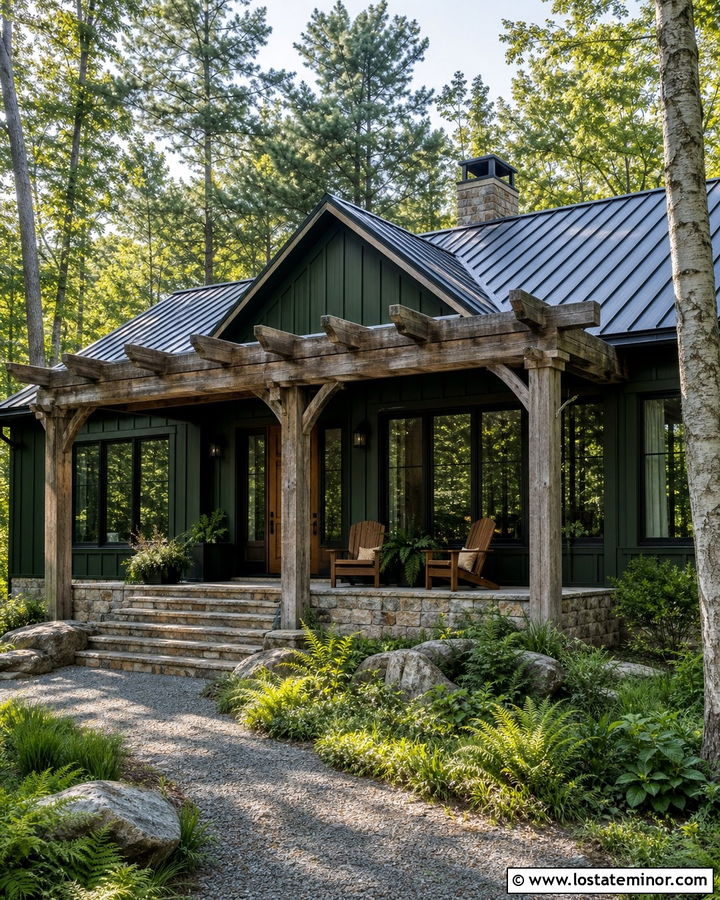 Forest Green Cabin With Rustic Timber Pergola - 30 Forest Green House Design With Pergola Ideas