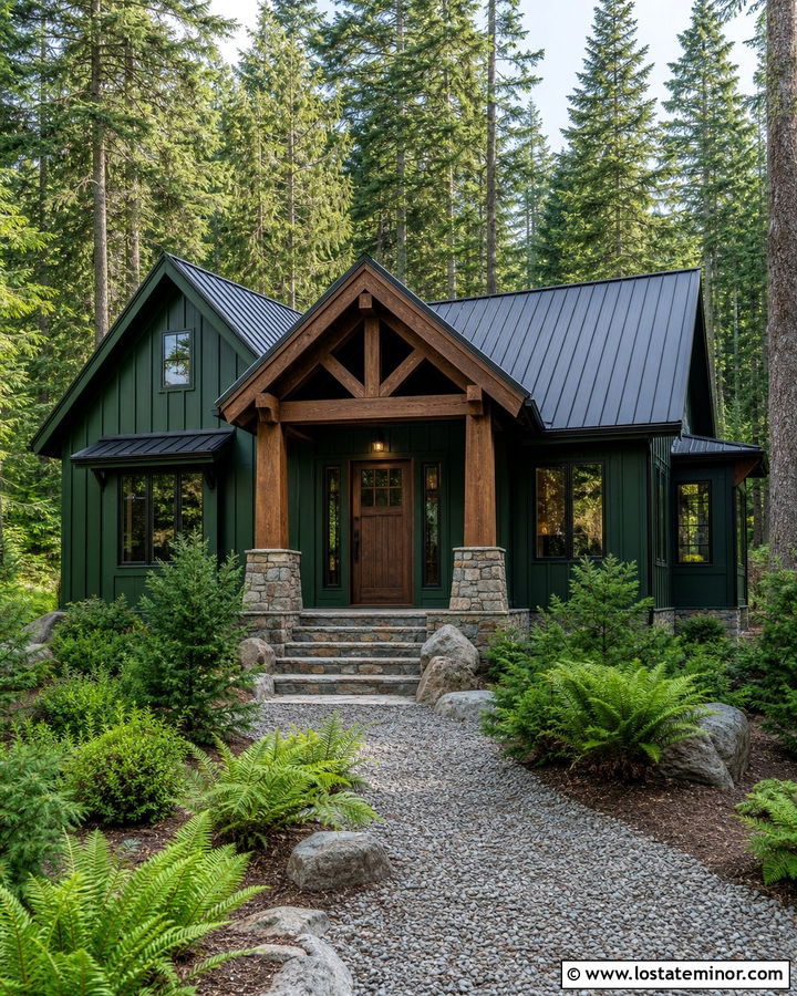 Forest Green Cabin With Stone Portico - 30 Forest Green House Design With Portico Ideas