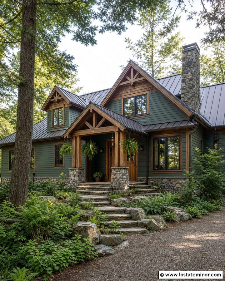 Forest Green Cabin With Woodland Front Yard - 30 Forest Green House Design With Front Yard Ideas