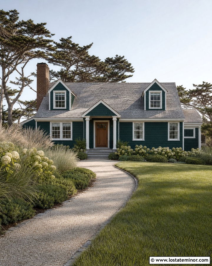 Forest Green Cape Cod House With Coastal Landscaping - 30 Forest Green House Design With Landscaping Ideas