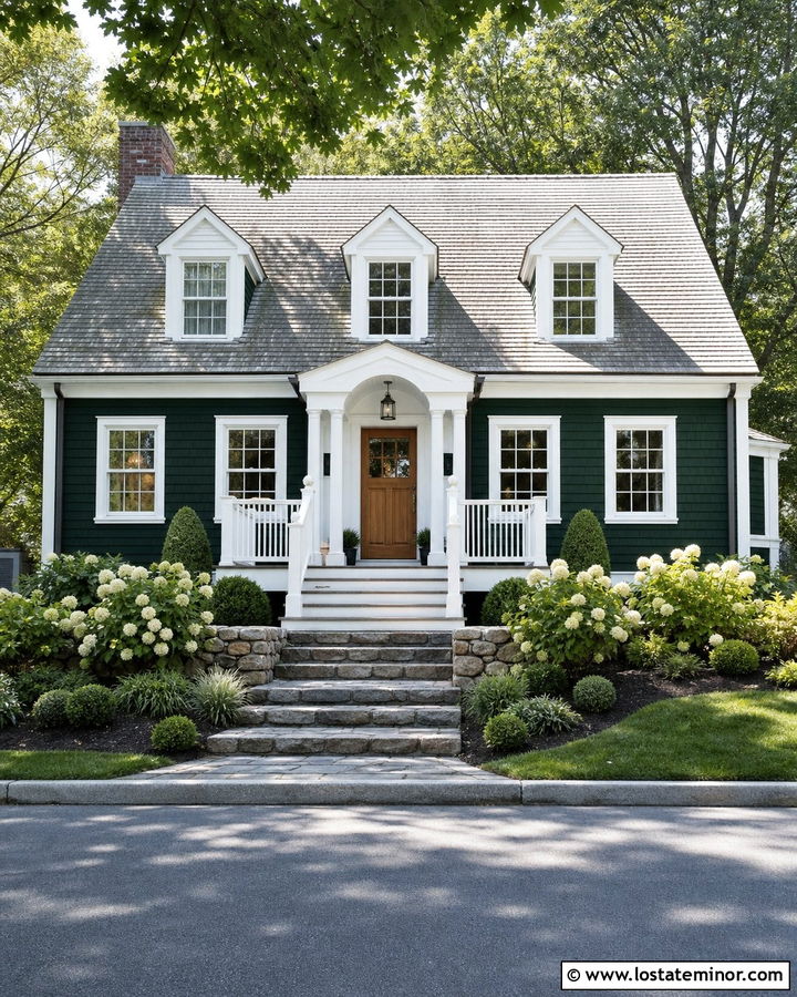 Forest Green Cape Cod House With Fieldstone Steps - 30 Forest Green House Design With Steps Ideas