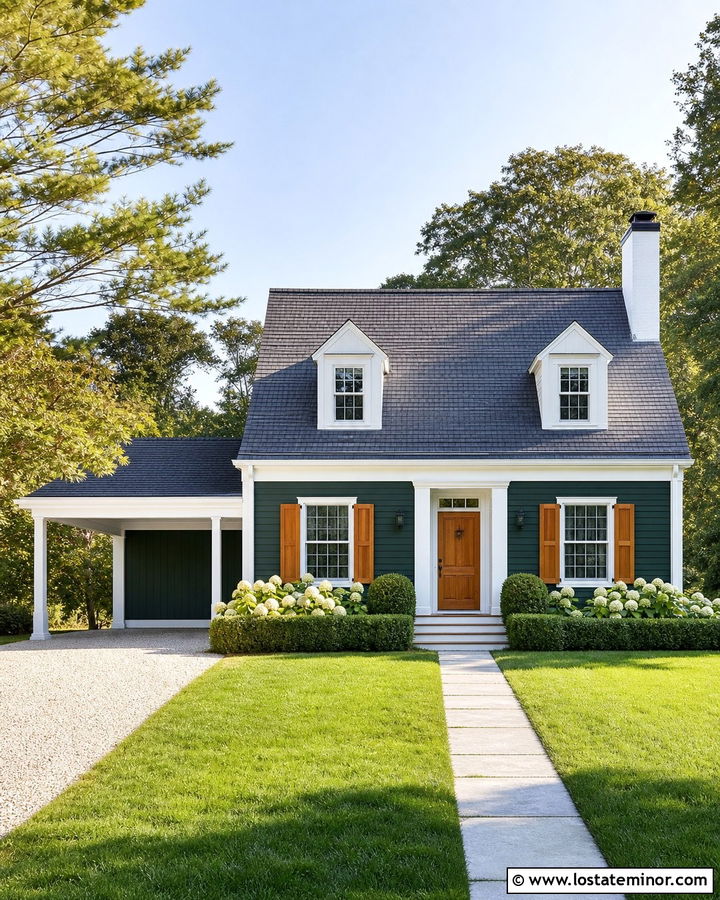 Forest Green Cape Cod House With Gabled Carport - 30 Forest Green House Design With Carport Ideas