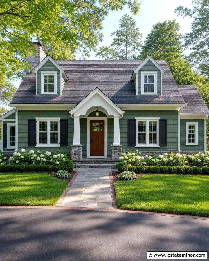 Forest Green Cape Cod House With Gray Stone - 30 Forest Green House Design With Stone Accents Ideas
