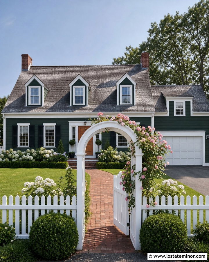 Forest Green Cape Cod House With White Arbor Fence - 30 Forest Green House Design With Fence Ideas