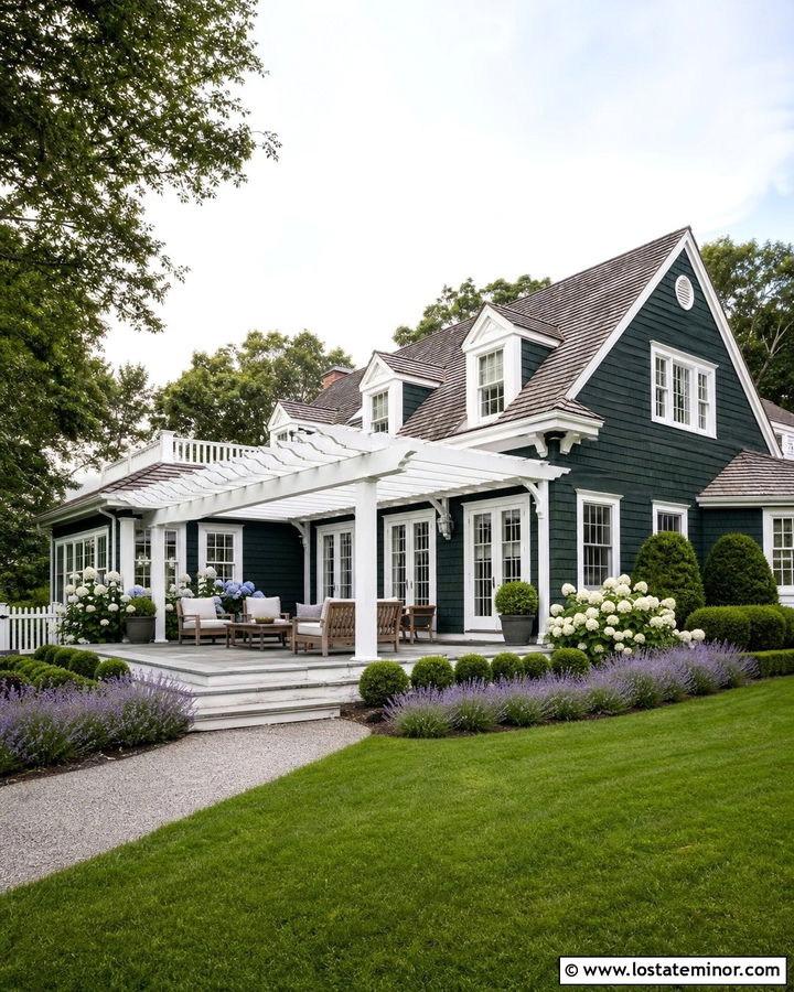Forest Green Cape Cod House With White Garden Pergola - 30 Forest Green House Design With Pergola Ideas