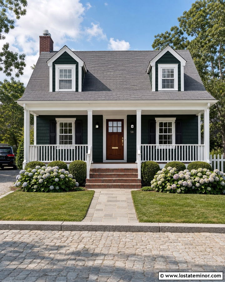 Forest Green Cape Cod House With White Porch Railings - 30 Forest Green House Design With Front Porch Ideas