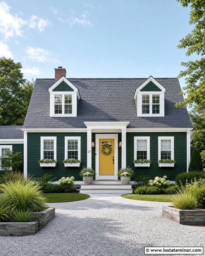 Forest Green Cape Cod With Coastal Grasses - 30 Forest Green House Design With Front Yard Ideas