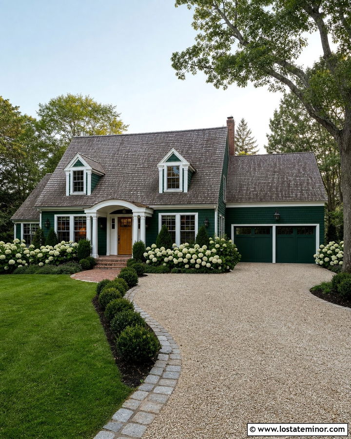 Forest Green Cape Cod With Crushed Stone Driveway - 30 Forest Green House Design With Driveway Ideas