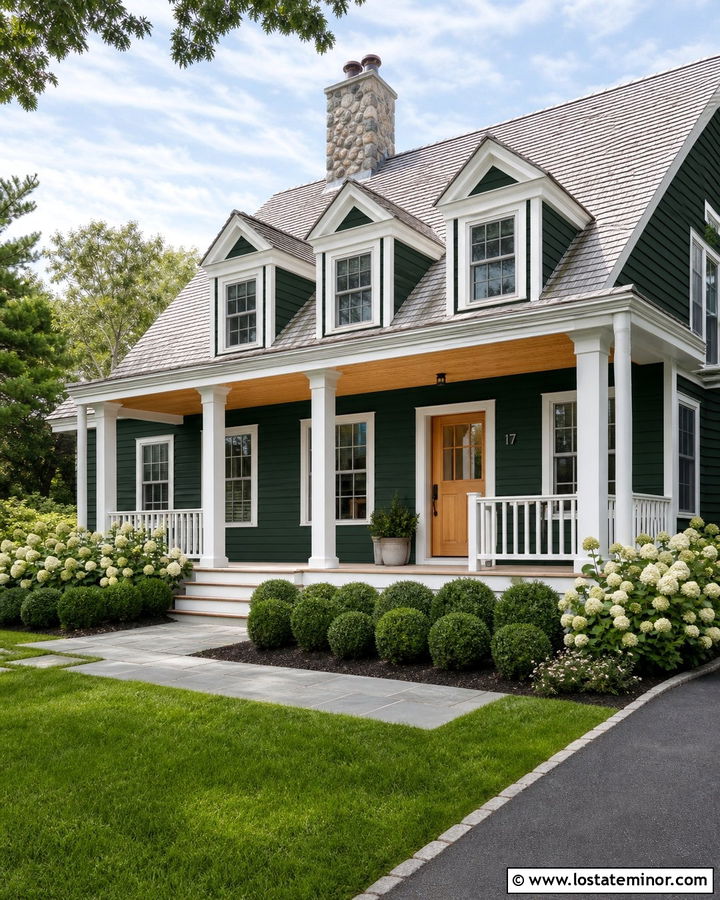 Forest Green Cape Cod With Pine Beadboard Porch Ceiling - 30 Forest Green House Design With Porch Ceiling Ideas
