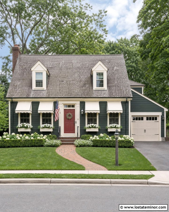 Forest Green Cape Cod With Scalloped Canvas Awnings - 30 Forest Green House Design With Awning Ideas