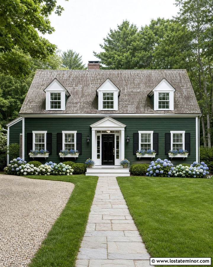 Forest Green Cape Cod With White Window Boxes - 30 Forest Green House Design With Window Boxes Ideas