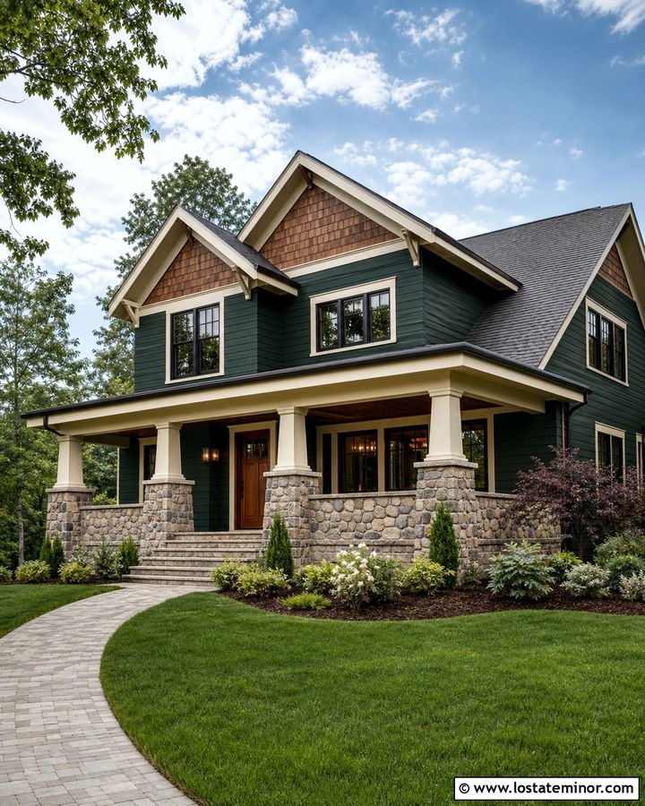 Forest Green Cedar Shake House With Stone Porch - 30 Forest Green House Design With Cedar Shake Ideas