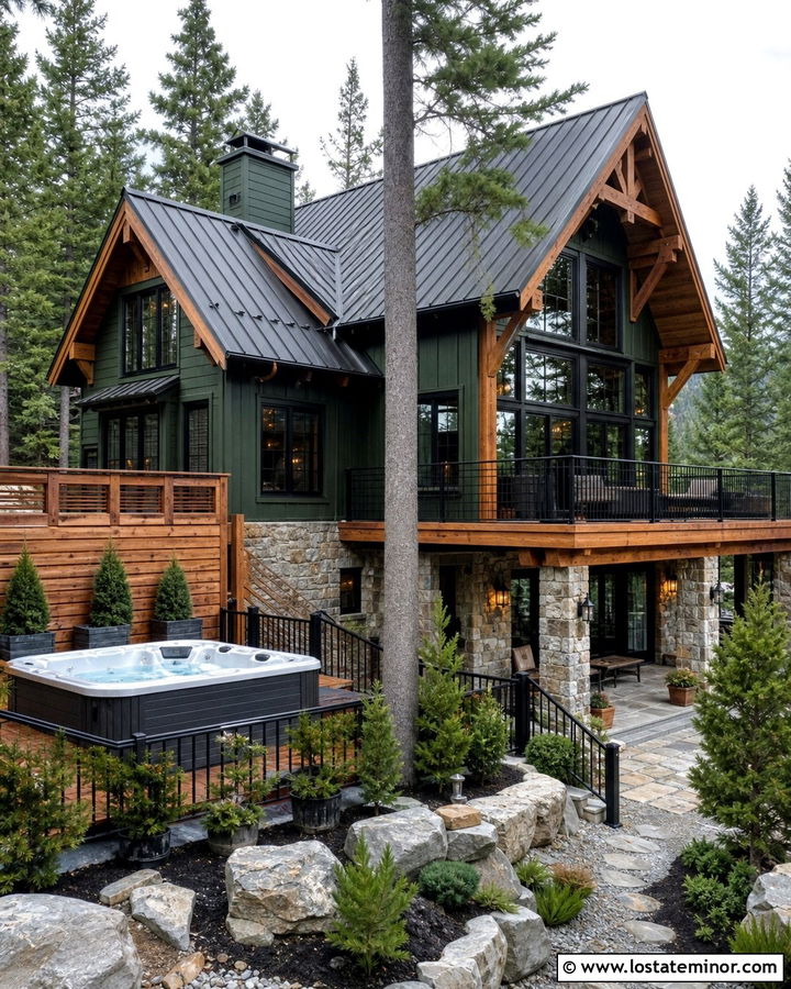 Forest Green Chalet With Hot Tub Backyard - 30 Forest Green House Design With Backyard Ideas