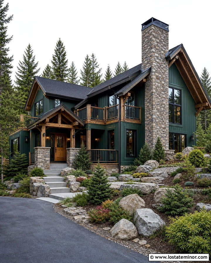 Forest Green Chalet With Stacked Stone Chimney - 30 Forest Green House Design With Chimney Ideas