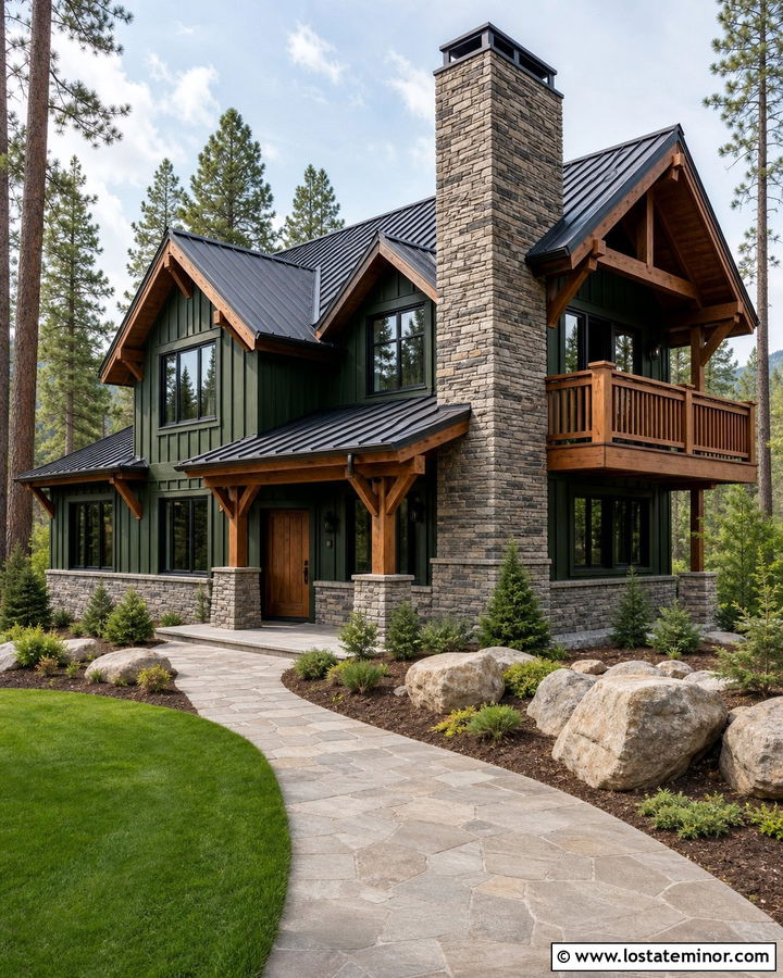 Forest Green Chalet With Stone Chimney - 30 Forest Green House Design With Stone Accents Ideas