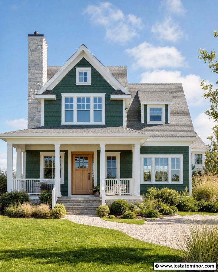 Forest Green Coastal Cottage With Pale Stone Chimney - 30 Forest Green House Design With Chimney Ideas