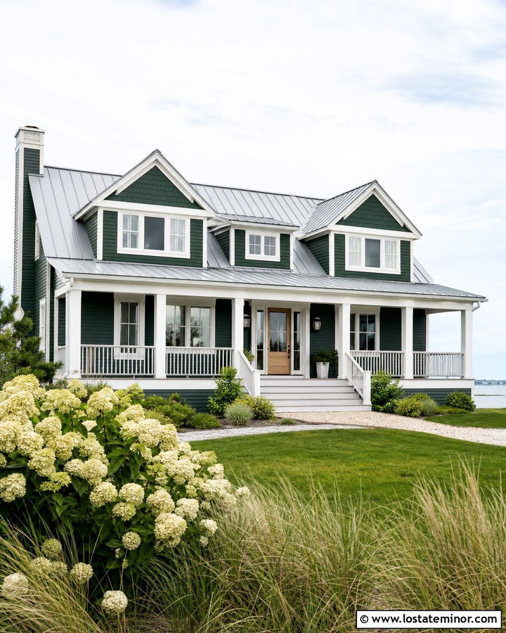 Forest Green Coastal House With Gray Dormer Roofs - 30 Forest Green House Design With Dormers Ideas