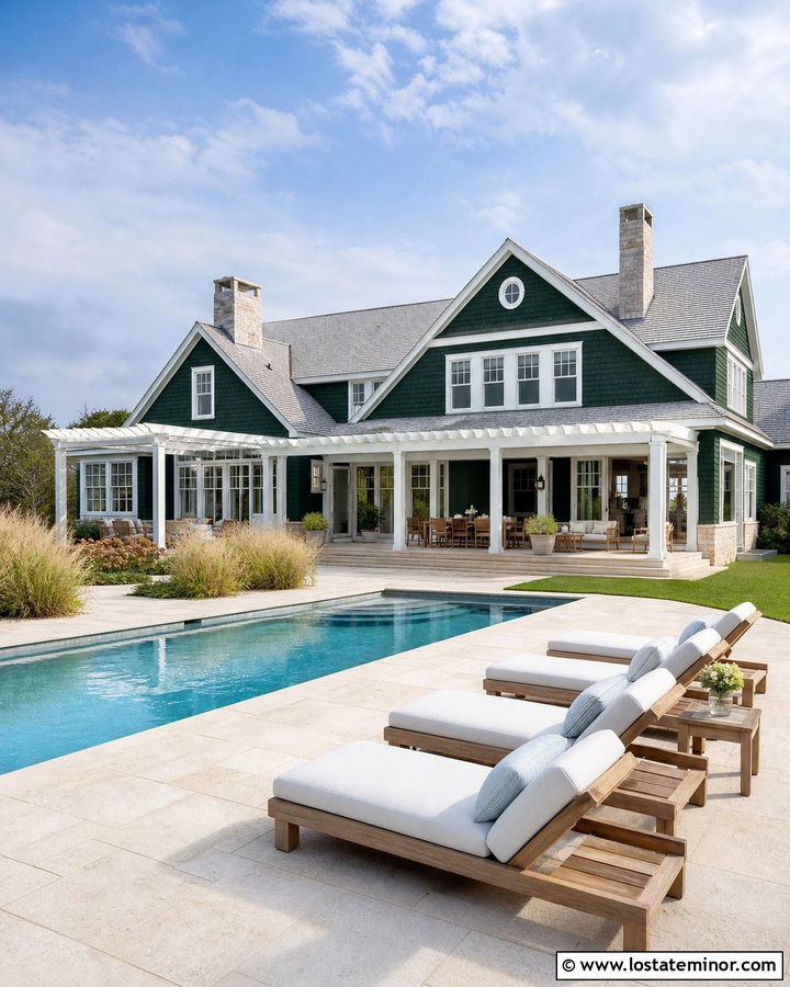 Forest Green Coastal House With Light Stone Pool - 30 Forest Green House Design With Swimming Pool Ideas