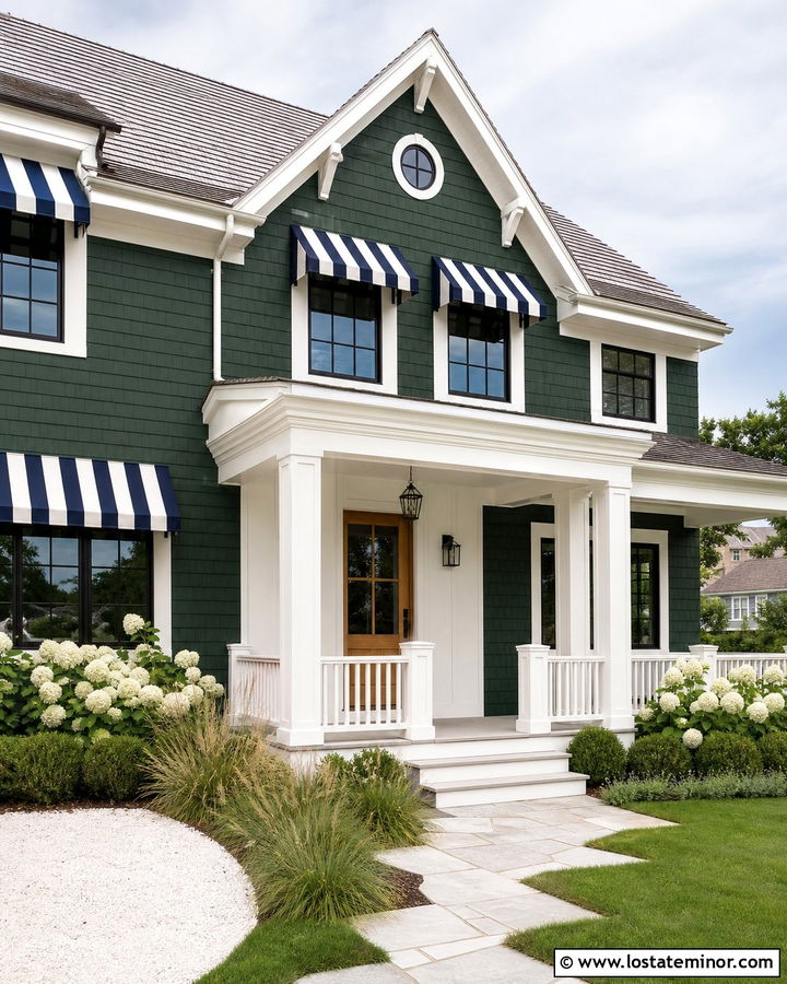 Forest Green Coastal House With Navy Striped Awnings - 30 Forest Green House Design With Awning Ideas