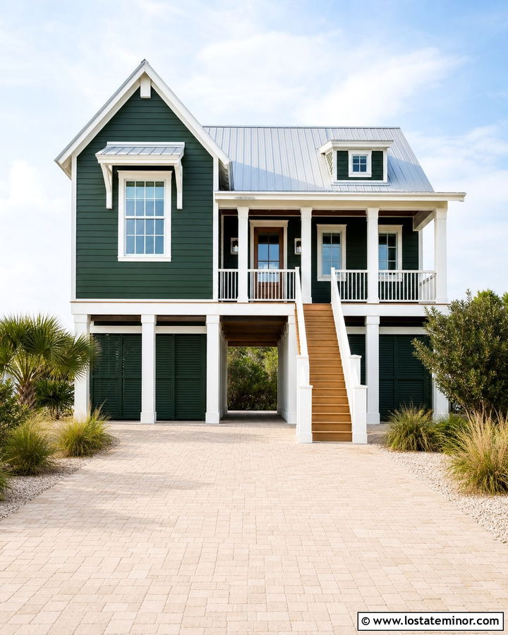 Forest Green Coastal House With Raised Carport - 30 Forest Green House Design With Carport Ideas