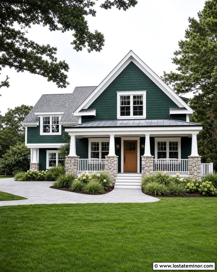Forest Green Coastal House With River Stone - 30 Forest Green House Design With Stone Accents Ideas