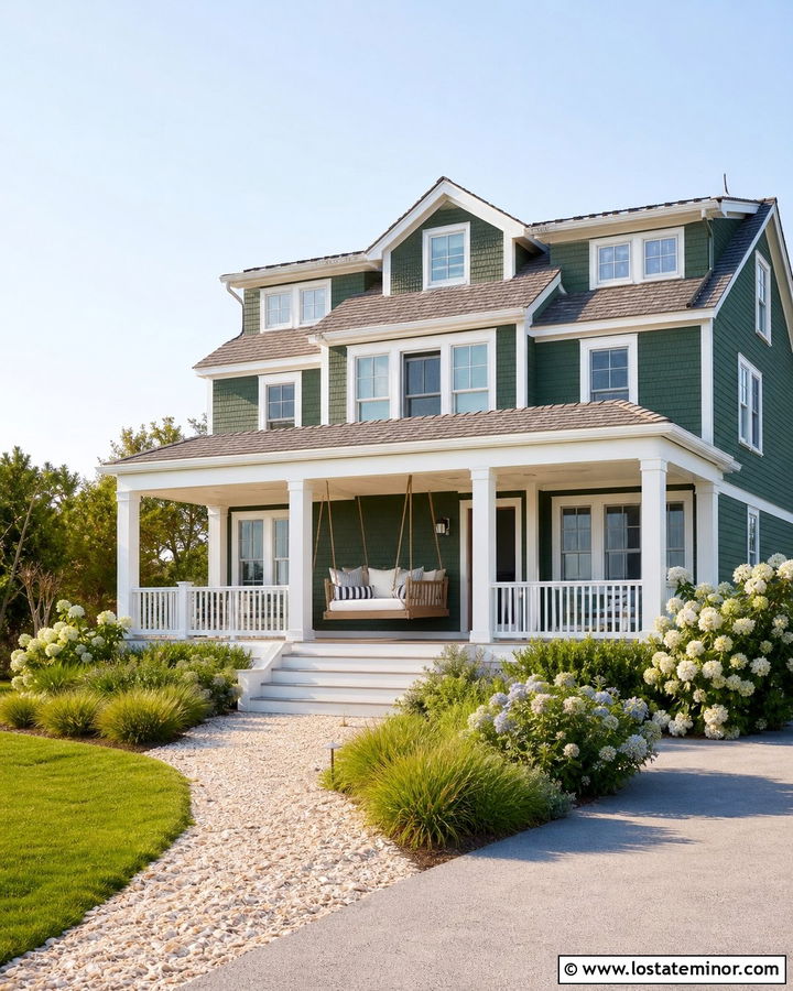 Forest Green Coastal House With Rope Daybed - 30 Forest Green House Design With Daybed Ideas