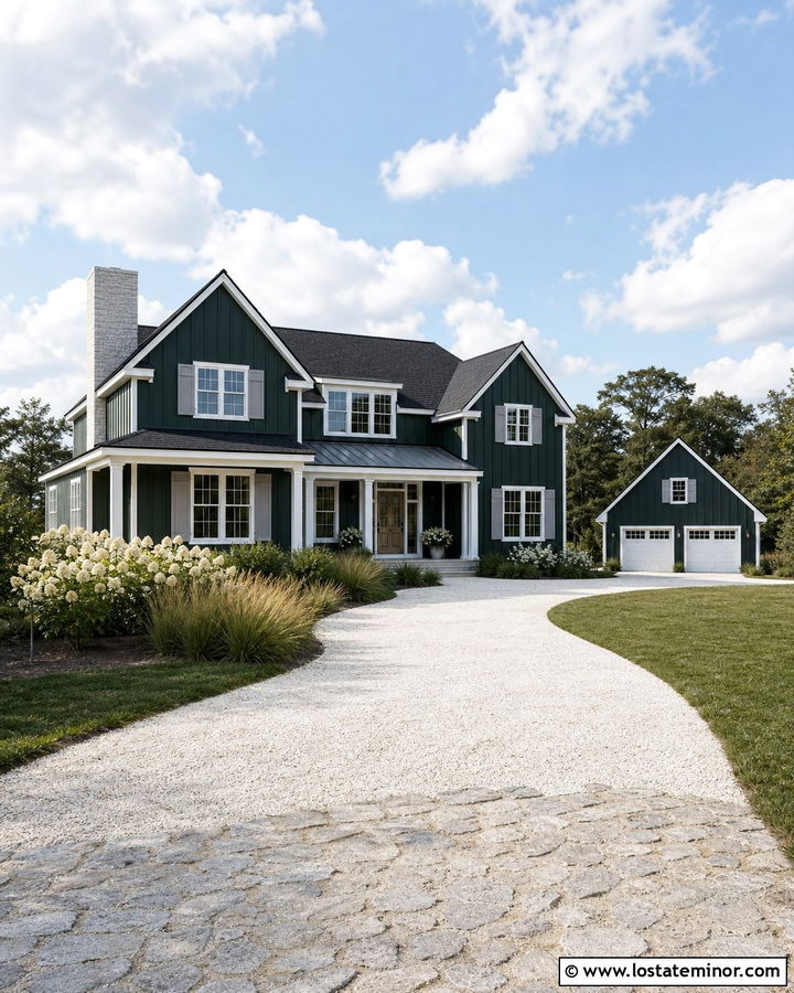 Forest Green Coastal House With Shell Driveway - 30 Forest Green House Design With Driveway Ideas