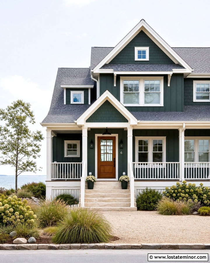 Forest Green Coastal House With Shell Stone Steps - 30 Forest Green House Design With Steps Ideas