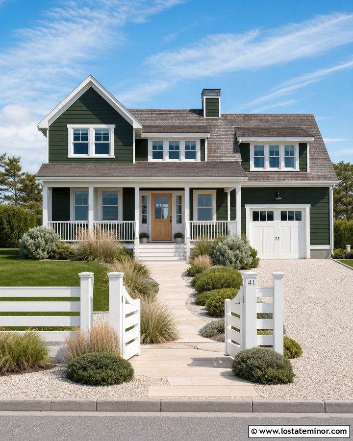 Forest Green Coastal House With White Horizontal Fence - 30 Forest Green House Design With Fence Ideas