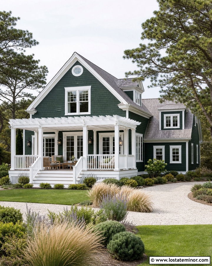 Forest Green Coastal House With White Pergola - 30 Forest Green House Design With Pergola Ideas