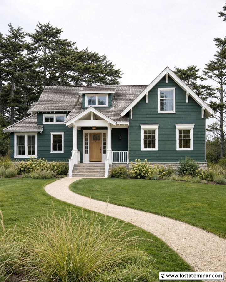 Forest Green Coastal House With White Portico - 30 Forest Green House Design With Portico Ideas