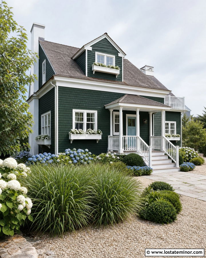 Forest Green Coastal House With White Window Boxes - 30 Forest Green House Design With Window Boxes Ideas