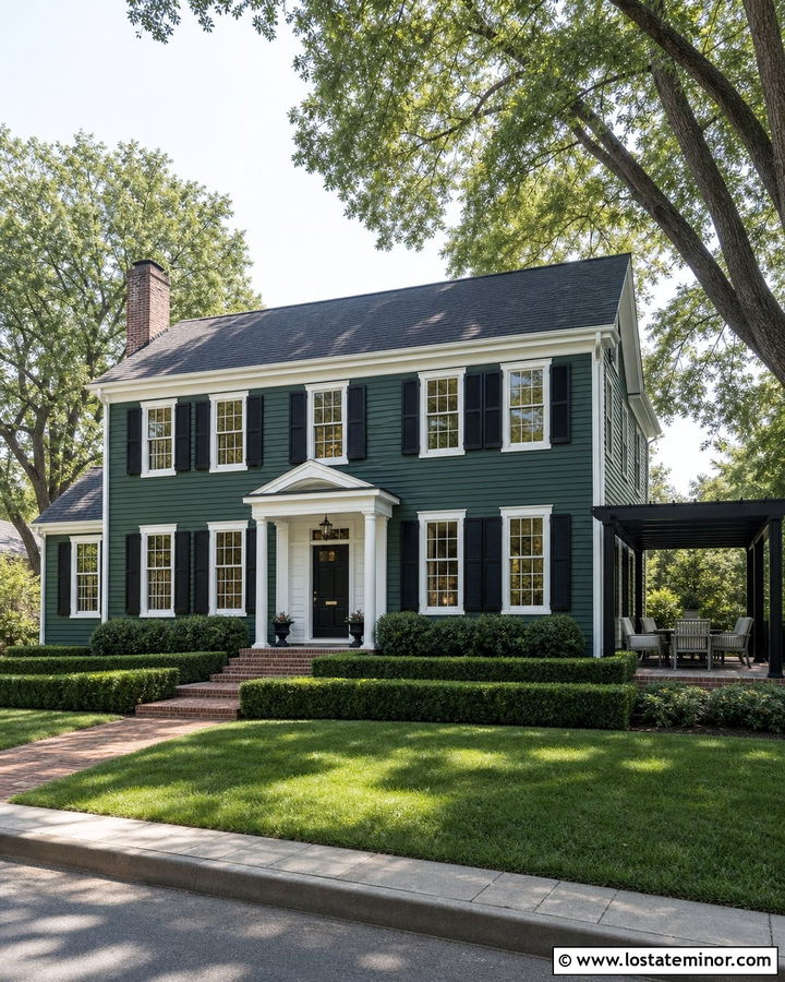 Forest Green Colonial House With Black Pergola - 30 Forest Green House Design With Pergola Ideas
