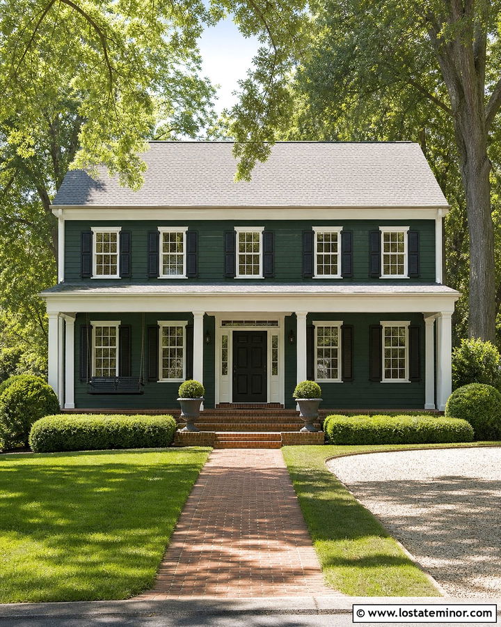 Forest Green Colonial House With Black Swing - 30 Forest Green House Design With Swing Ideas