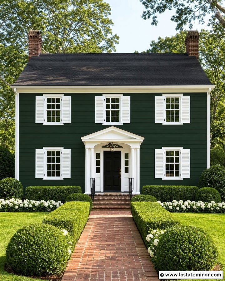 Forest Green Colonial House With Boxwood Landscaping - 30 Forest Green House Design With Landscaping Ideas