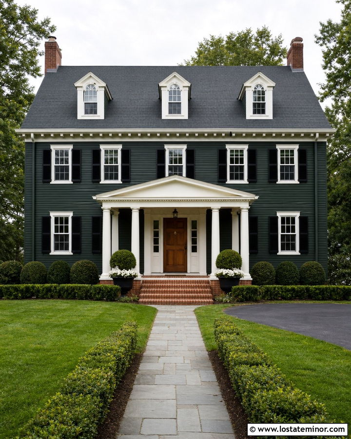 Forest Green Colonial House With Cream Porch - 30 Forest Green House Design With Front Porch Ideas