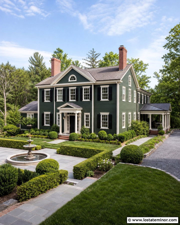 Forest Green Colonial House With Formal Backyard - 30 Forest Green House Design With Backyard Ideas