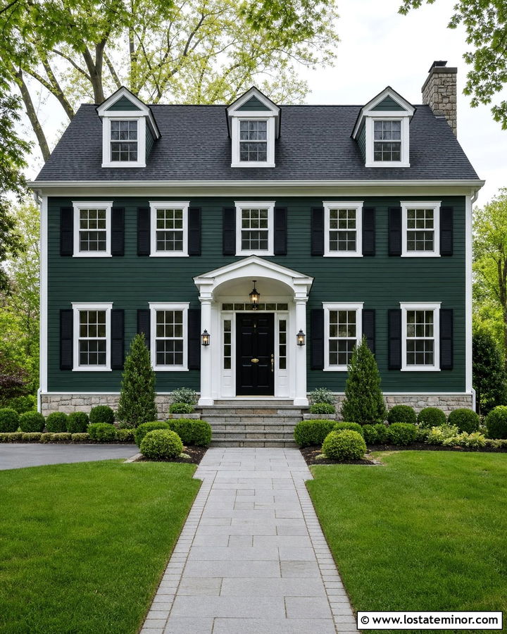 Forest Green Colonial House With Granite - 30 Forest Green House Design With Stone Accents Ideas