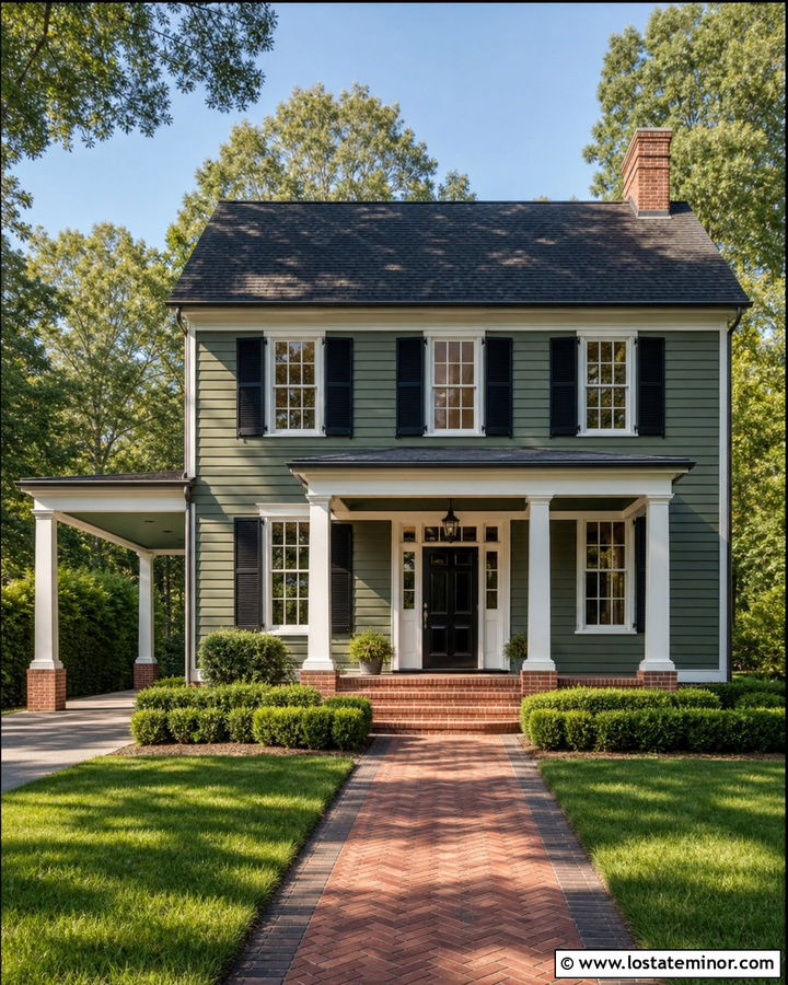 Forest Green Colonial House With Side Carport - 30 Forest Green House Design With Carport Ideas